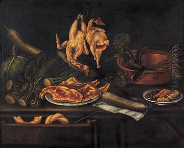 Natura Morta Con Ortaggi E Pollame Su Tavolo Oil Painting by Antonio Crespi