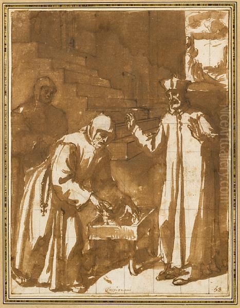 A Monk Grasping Hot Coals Before A Cleric Oil Painting by Domenico Cresti (see Passignano)