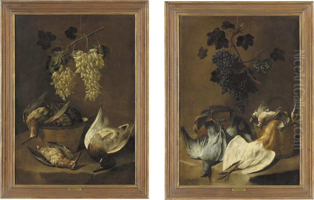 Duck And Woodcock In A Basket On A Stone Ledge Oil Painting by Giovanni Crivelli, Il Crivellone