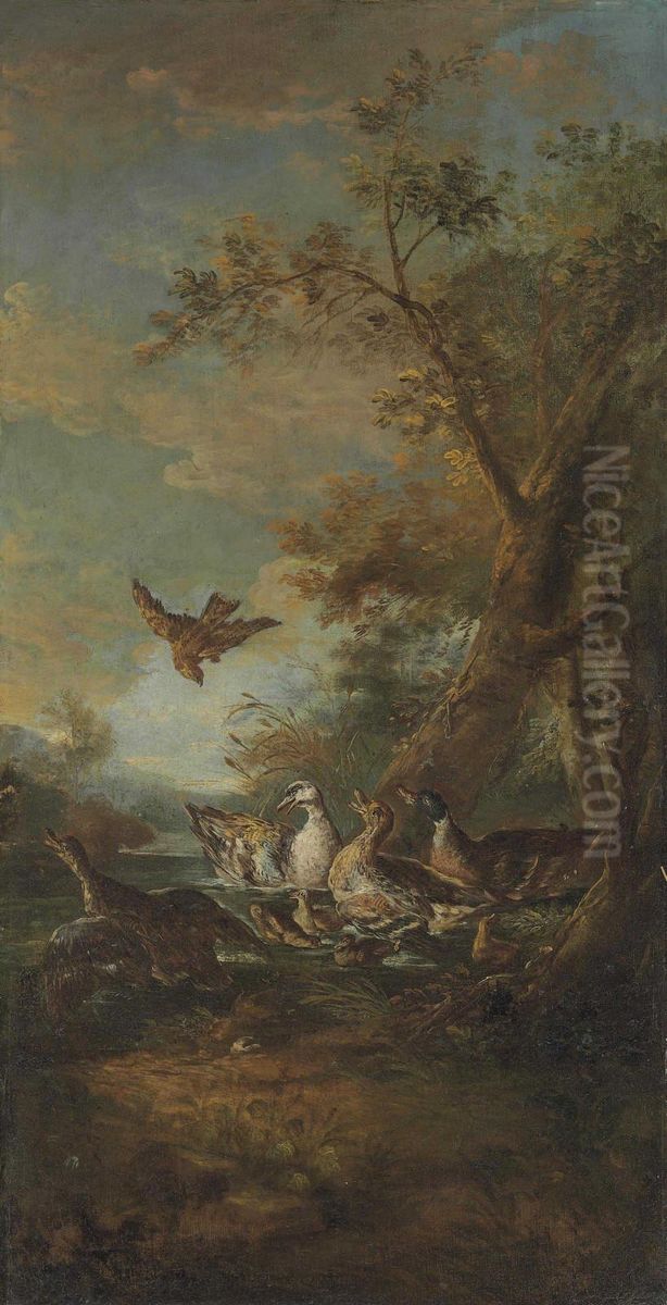 A Bird Of Prey, Ducks And Ducklings In A Landscape Oil Painting by Giovanni Crivelli, Il Crivellone