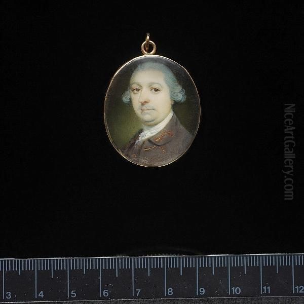 A Gentleman, Wearing Brown Coat With Brown And Gold Embroidered Button Holes, Matching Waistcoat, Frilled Chemise And Stock, His Hair Powdered. Oil Painting by Richard Crosse