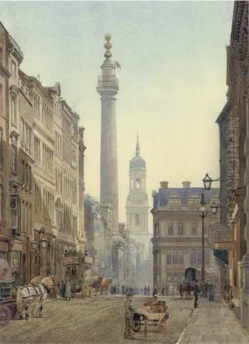 The Monument From Gracechurch Street Oil Painting by John Crowther