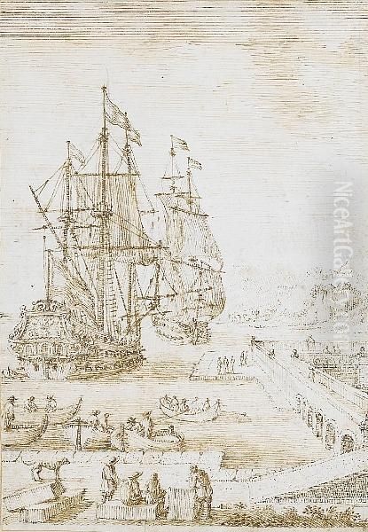 A Harbour View With Figures On The Quay And Two Ships At Anchor Beyond Oil Painting by Lieven Cruyl