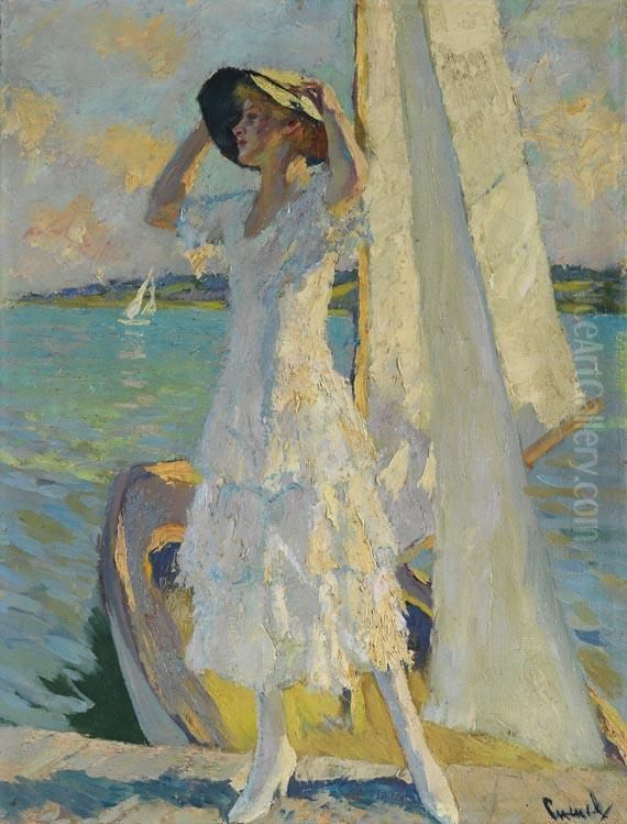 Frau Auf Dem Steg Mit Einem Kahn Am Ufer Des Starnberger See. Oil Painting by Edward Alfred Cucuel