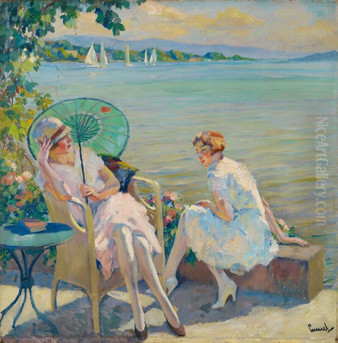 Zwei Sitzende Madchen Am Starnberger See Oil Painting by Edward Alfred Cucuel