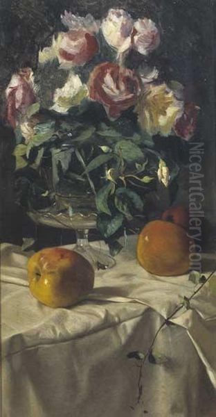 Natura Morta Con Rose E Mele Oil Painting by Ettore Cumbo