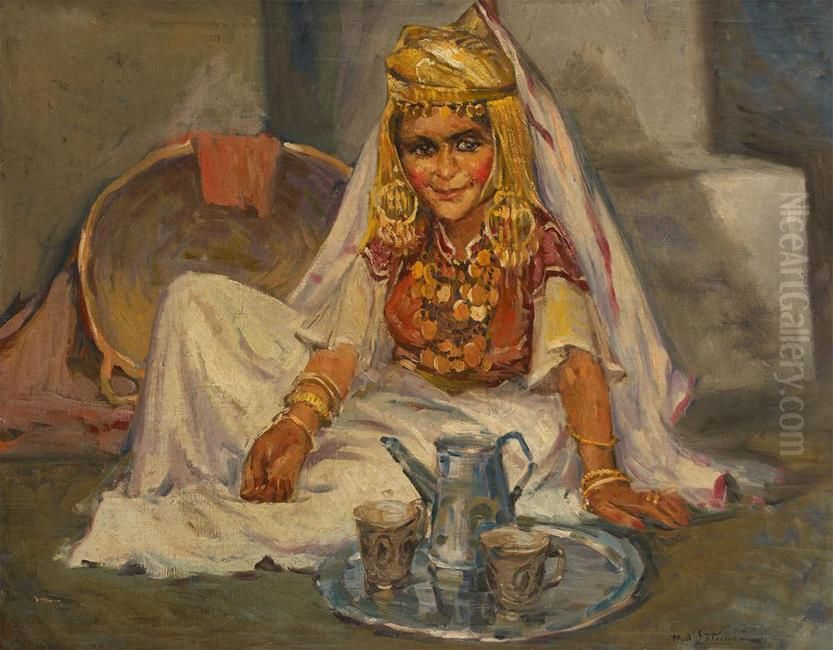 Jeune Orientale Au Plateau De The Oil Painting by Henry D Estienne