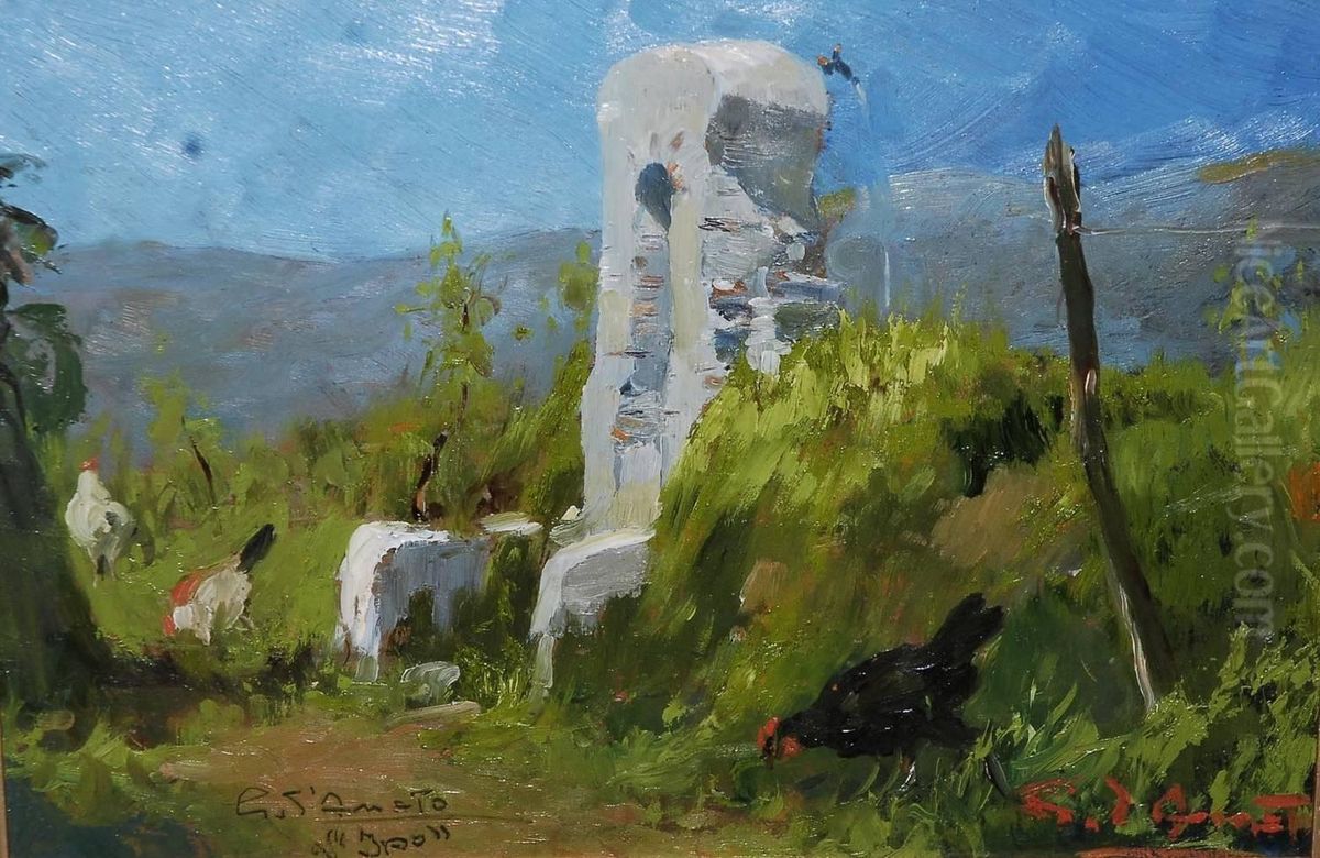 Fontana Con Galline Olio Su Cartone, Cm 21x28,5. Firmato In Basso A Destra E Sinistra Oil Painting by Gennaro D' Amato