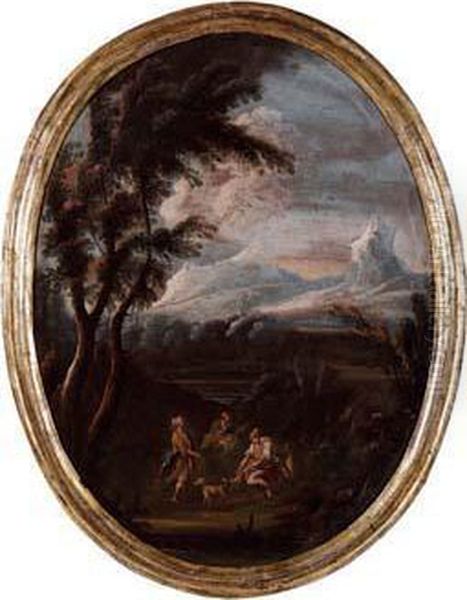 Paesaggio Con Pastore E Armenti Presoun Ruscello Oil Painting by Alessandro D'Anna