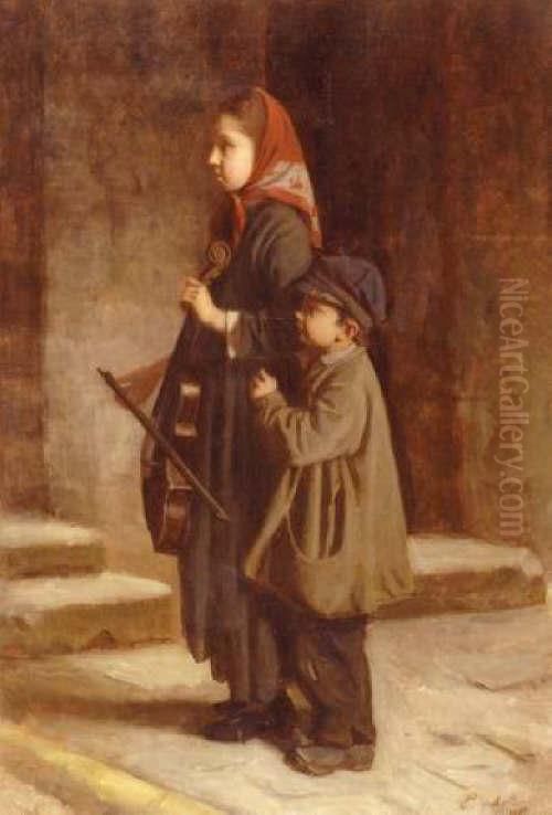 Musiciens Dans La Rue Oil Painting by Edouard D' Apvril