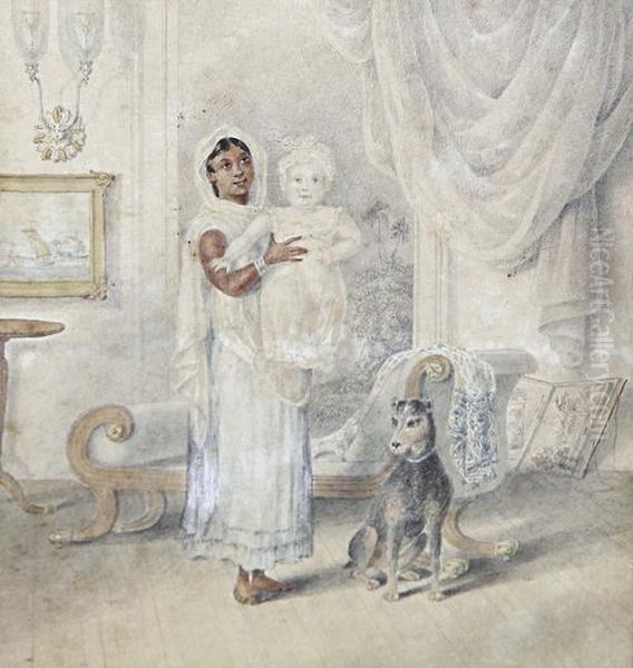 An Ayah And Her Charge In An Interior Oil Painting by Charles D'Oyly