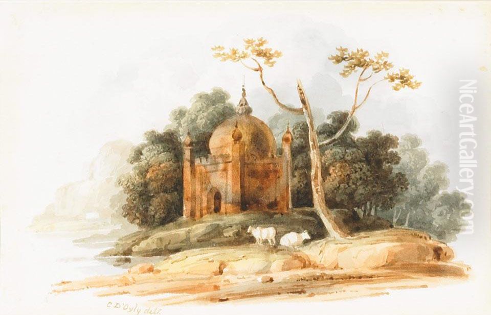 Moslem Temple In Bengal (near Patina) Oil Painting by Charles D'Oyly