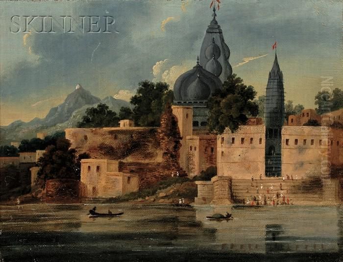 View Of Benares [varanasi] Along The River Ganges, Uttarpradesh, India Oil Painting by Charles D'Oyly