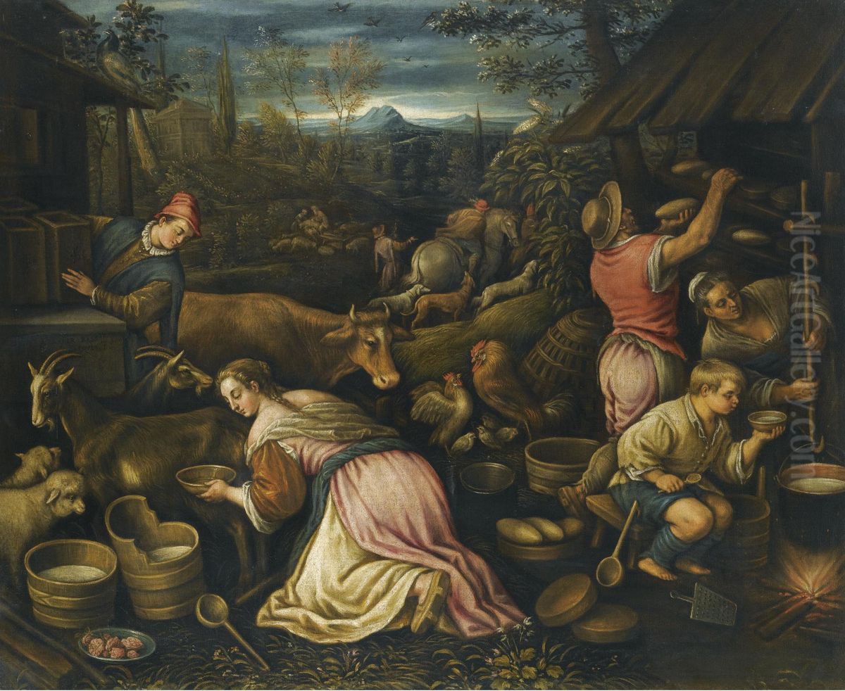 Spring - A Village Scene With Peasants Milking Goats And Baking Bread Oil Painting by Leandro Bassano