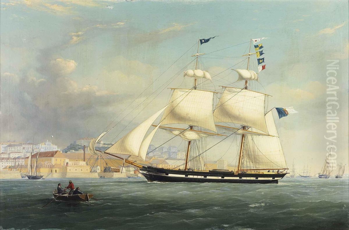 Vista De Lisboa Com Terreiro Do Paco E Barco A Vela Oil Painting by Joao Gomes Da Silva Pedroso