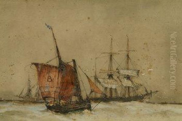 Schooners And Fishing Boat In A Choppy Sea, Signed Lower Left Oil Painting by Frederick Dade