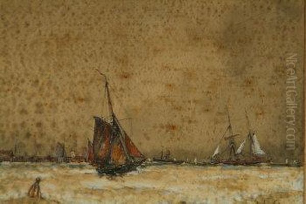 Fishing And Other Boats Off The Coast, Signed Lower Right Oil Painting by Frederick Dade