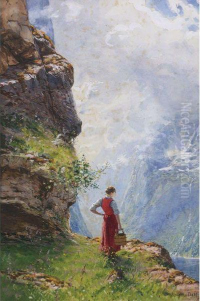 A Young Girl By A Fjord Oil Painting by Hans Dahl