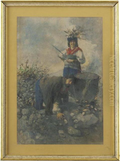 Two Peasants Lighting A Cauldron In A Rocky Landscape Oil Painting by Augusto Daini