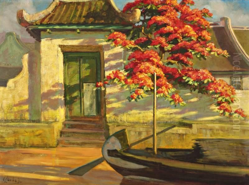 Balinees Huis Met Bloesemboom Oil Painting by Carel L. Ii Dake