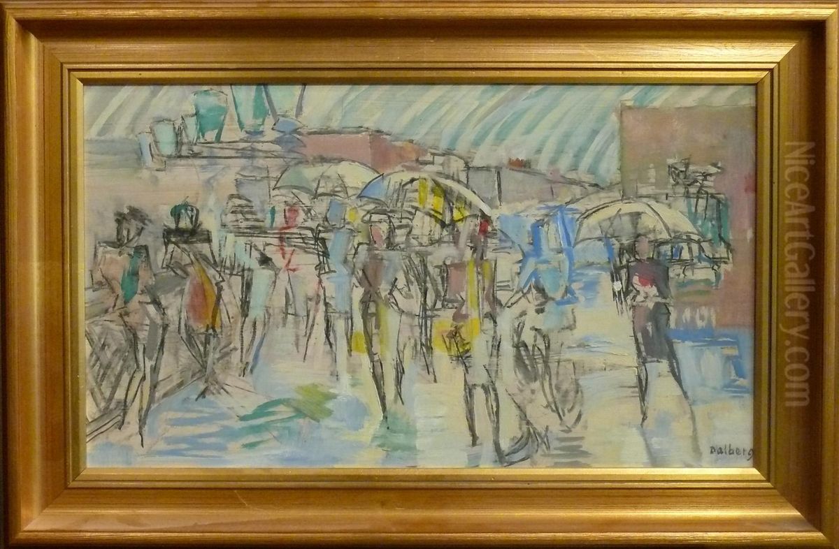 Damer Med Paraply I Stadsmiljo. Oil Painting by G. Dalberg