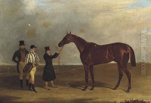 General Chasse Held By His Trainer With His Jockey And Ownerstanding To The Left Oil Painting by John Dalby