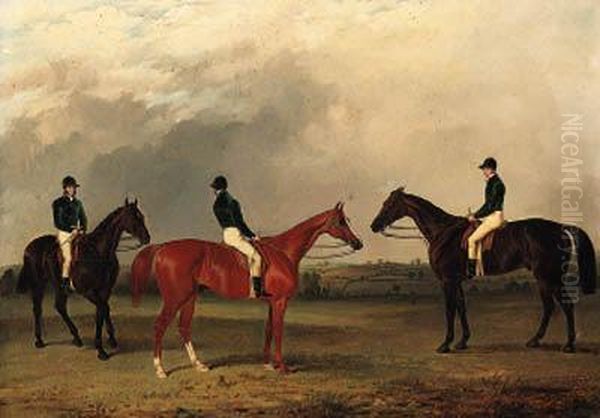 A Chestnut And Two Bay Racehorses With Jockeys Up In An Extensivelandscape Oil Painting by John Dalby