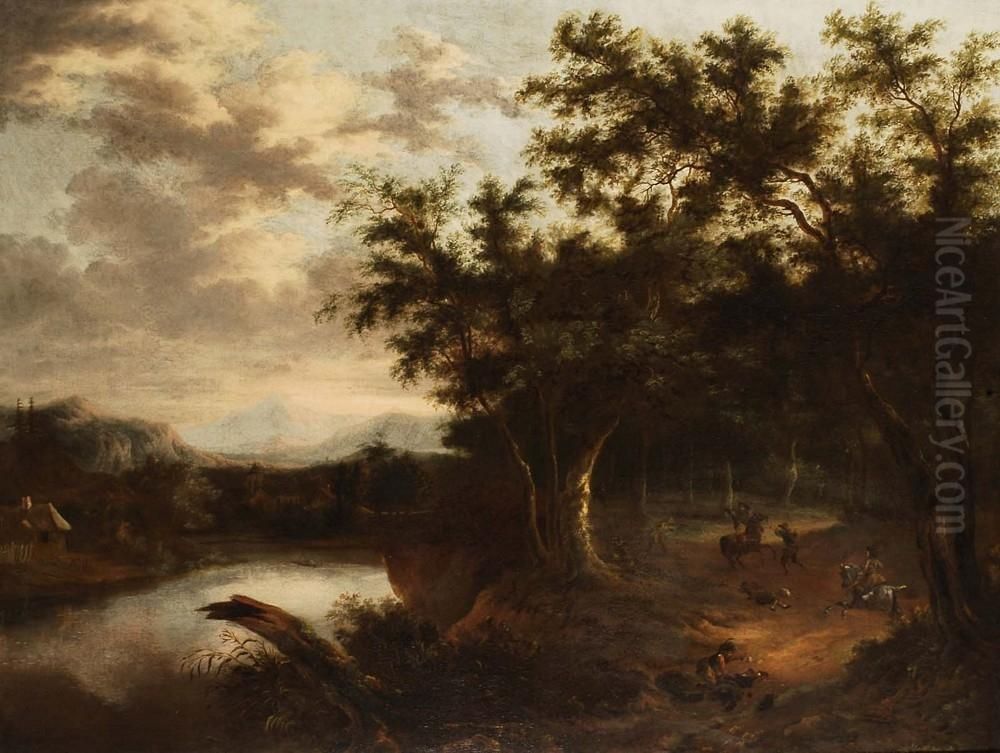 Paesaggio Boschivolacustre Con Cavalieri Oil Painting by Dirck Dalens II