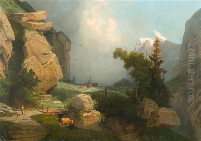 Gebirgslandschaft Mit Hirte Und Kuh. Oil Painting by Leonard Alexis Dalige de Fontenay