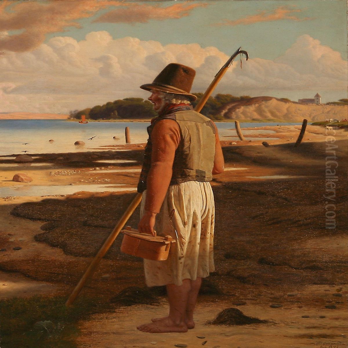 An Old Fishermanon The Beach At Limfjorden Inlet In Jutland Oil Painting by Christen Dalsgaard