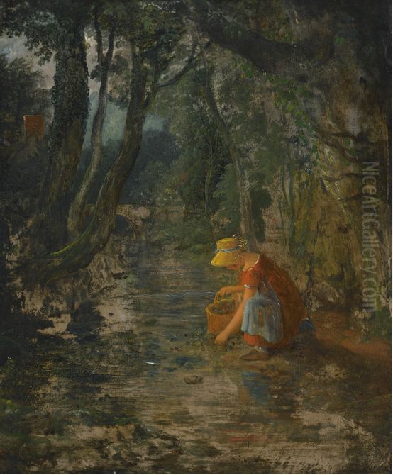 A Girl Collecting Berries By A Brook In A Wooded Landscape Oil Painting by Francis Danby