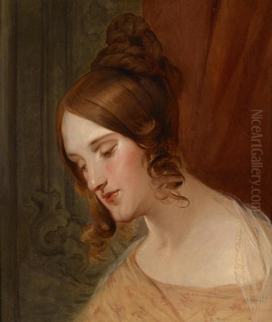Head Of A Girl With Brownlocks Oil Painting by Josef Franz Danhauser