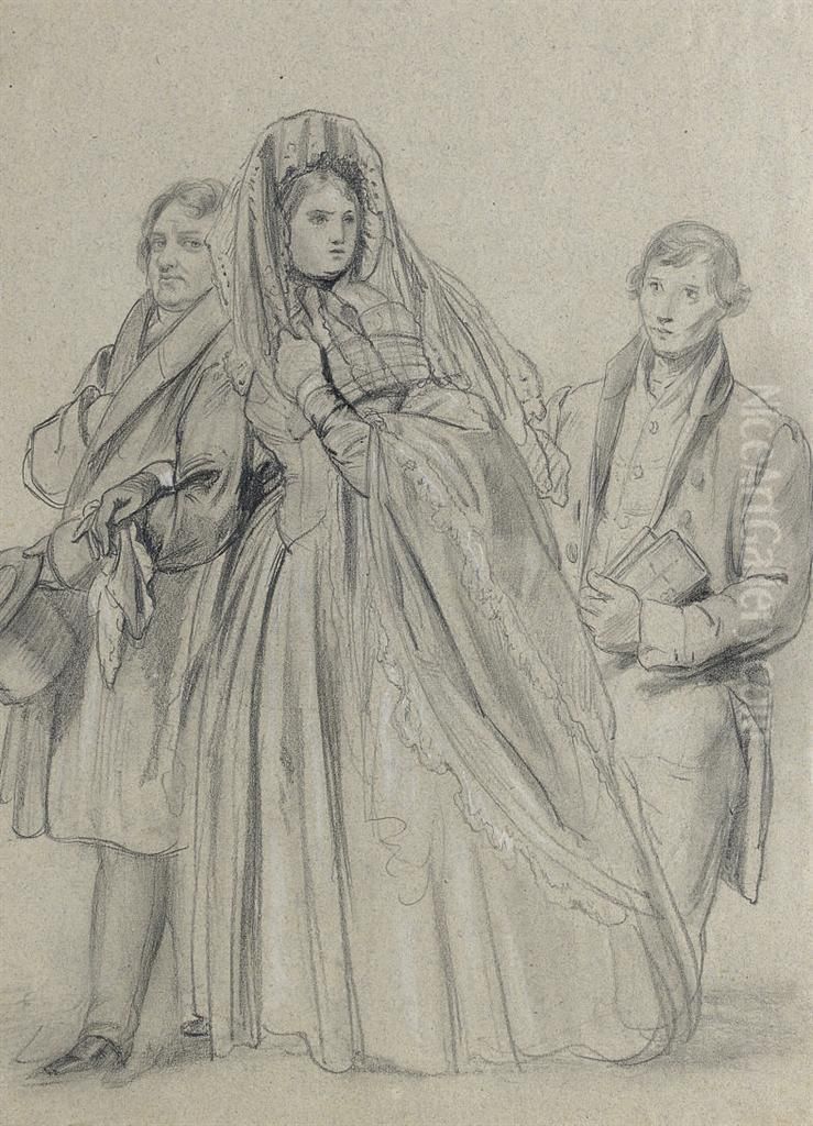 Study For Figures In Die Klostersuppe (recto); Study Of A Womanstanding, Her Right Arm Outstretched (verso) Oil Painting by Josef Franz Danhauser