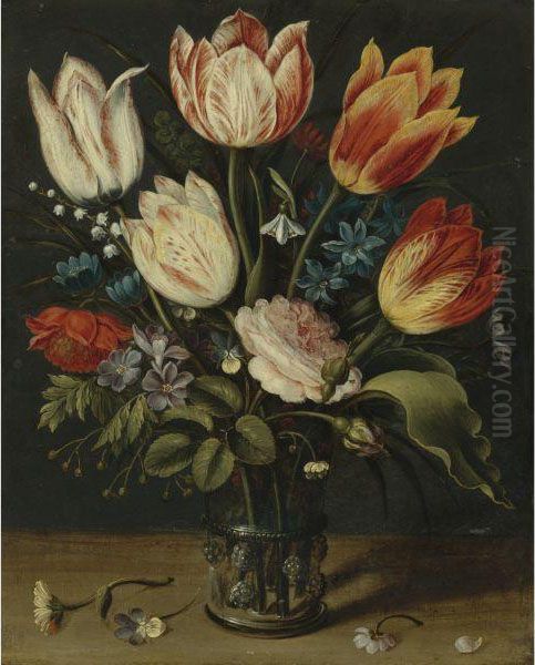 Still Life Of Tulips And Other Flowers In A Glass Vase Oil Painting by Andries Daniels or Danielsz