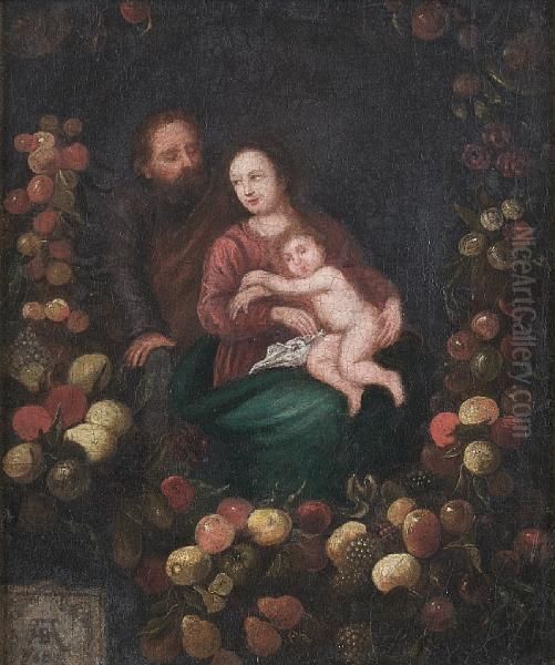 The Holy Family, Within A Garland Offruit Oil Painting by Andries Daniels or Danielsz