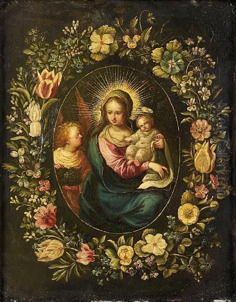 The Madonna And Child With An Angel, Within Agarland Of Flowers Oil Painting by Andries Daniels or Danielsz