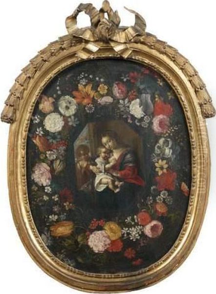 Guirlande De Fleurs Entourant Une Vierge A L'enfant Oil Painting by Andries Daniels or Danielsz