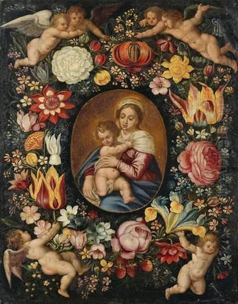 Vierge A L'enfant Dans Une Couronne De Fleurs Soutenues Par Des Putti Oil Painting by Andries Daniels or Danielsz