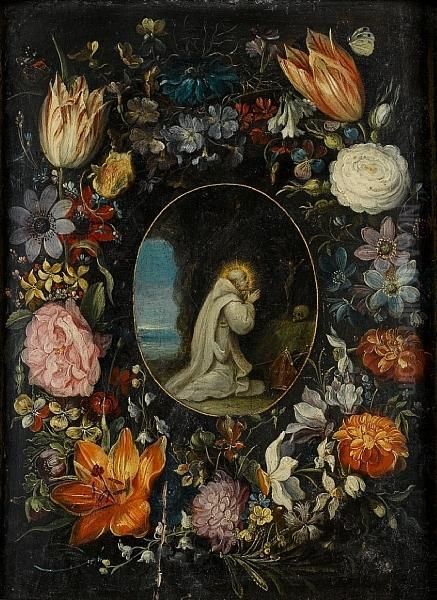 Saint Bernard In Prayer Surrounded By Agarland Of Flowers Oil Painting by Andries Daniels or Danielsz