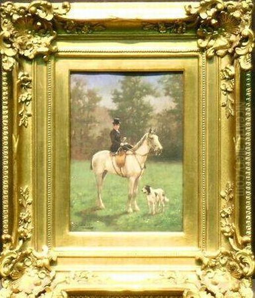 Portrait Of A Woman Astride Her Horse With Her Dog Oil Painting by Louis Darey