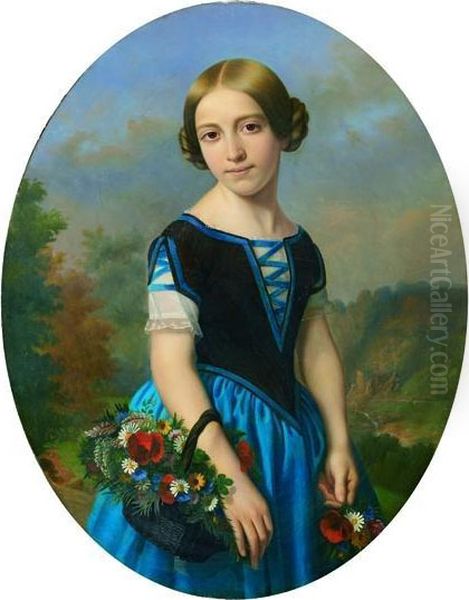 Portrait De Jeune Fille Au Panier De Fleurs Oil Painting by Victor Darjou