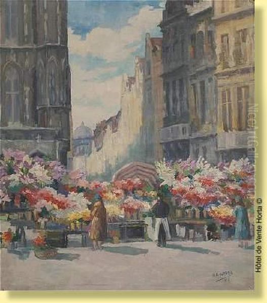 Marche Aux Fleurs A La Grand Place Oil Painting by Georges Daumerie