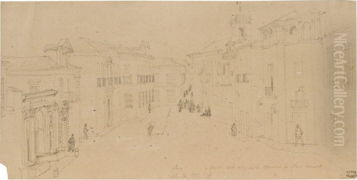 Vue De L'eglise San Vicente, Prise Du Palais De La Marquise Dearco Hermoso, Seville Oil Painting by Adrien Dauzats