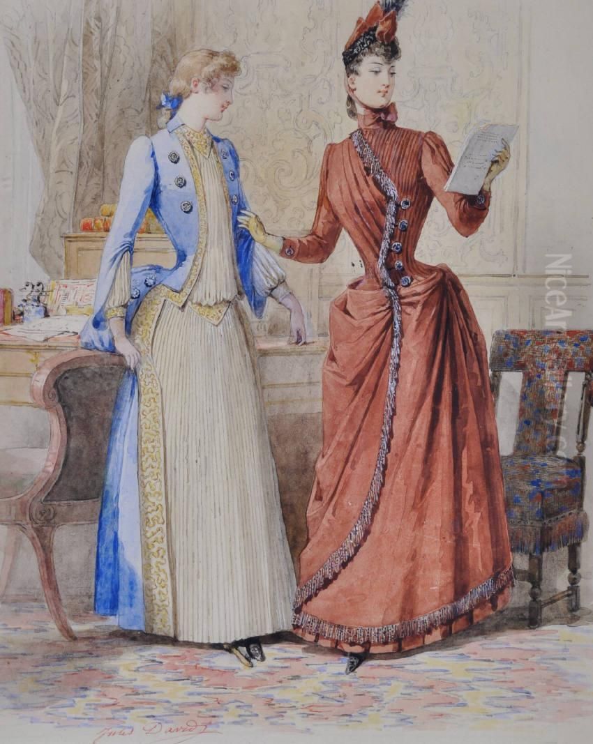 Fashionstudy, 
Two Young Women In An Interior Oil Painting by Jules David