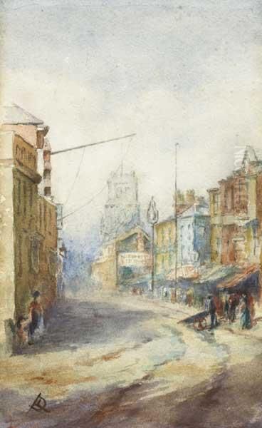 Street Scene With View Of Clock Tower Oil Painting by Lilian Lucy Davidson