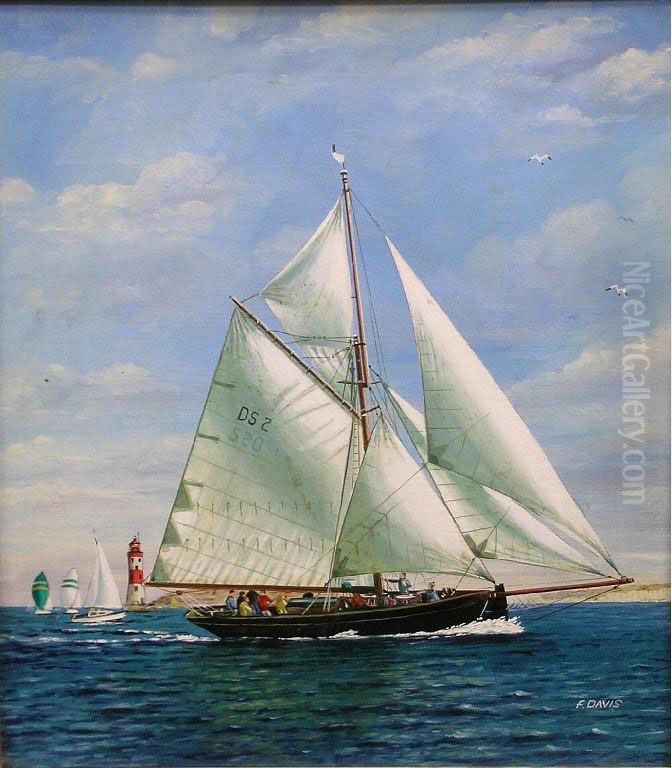 Sailing Yacht With Lighthouse Oil Painting by F. Davis
