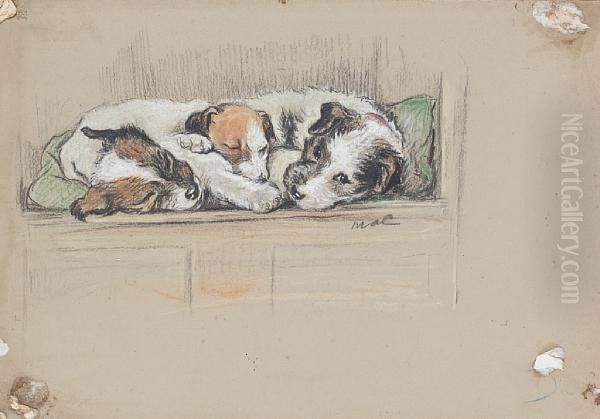 'sunday At Home' - Three Puppies Lying In Arow Oil Painting by Lucy Dawson