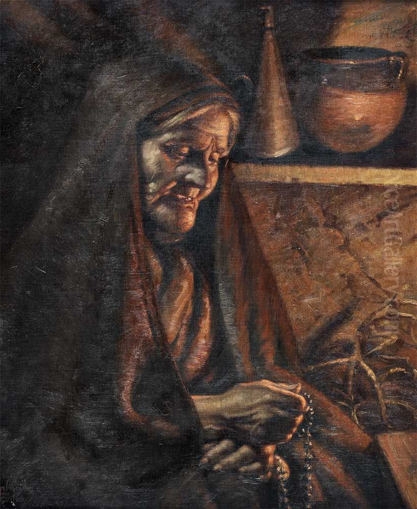 Mulher Orando A Lareira Oil Painting by Jose De Almeida E Silva