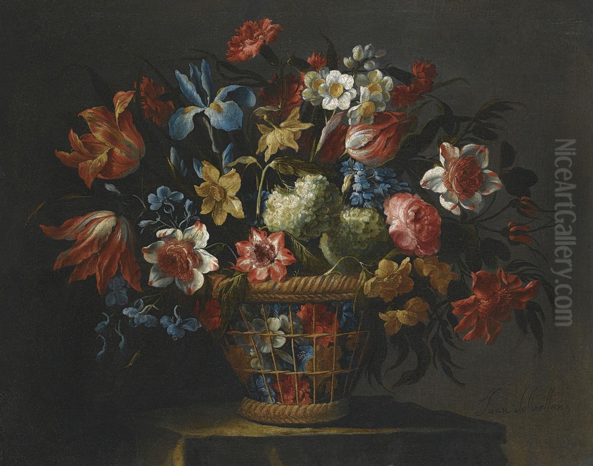 Still Life With Flowers, Including Anemones, Snowballs And Yellownarcissi, In A Wicker Basket Set Upon A Stone Pedestal Oil Painting by Juan De Arellano