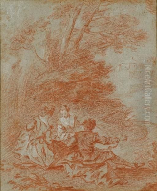 Deux Jeunes Femmes Et Un Homme Assis Pres D'un Arbre Oil Painting by Bonaventure De Bar